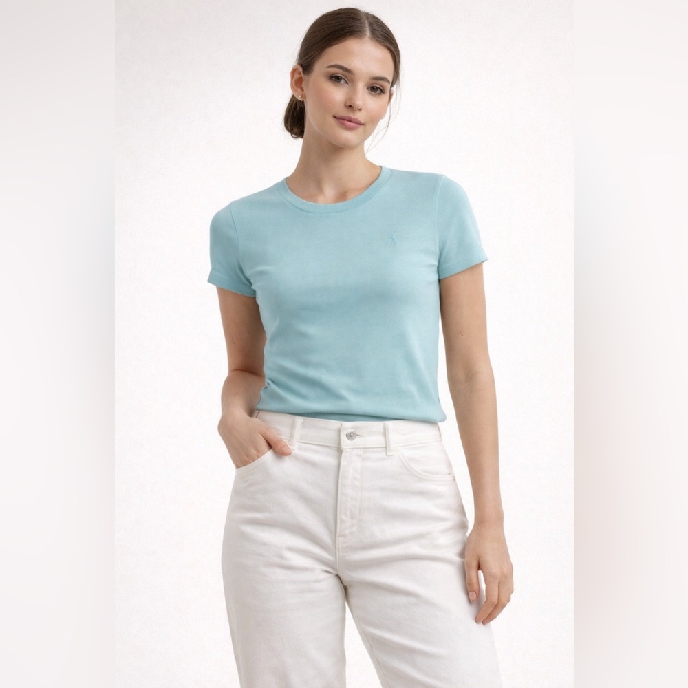 Ralph Lauren Sport Womens M Aqua Blue Short Sleeve Crewneck Cotton Tee Shirt
